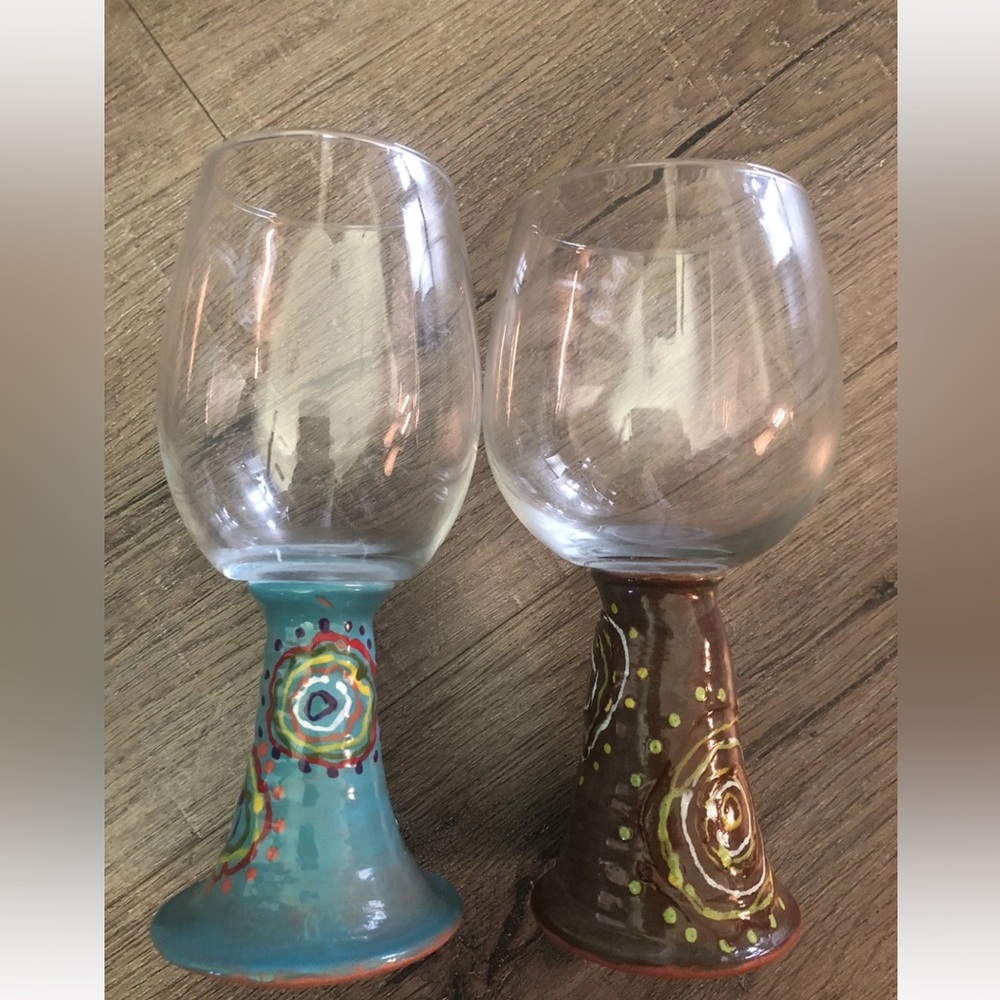 2 Ceramic Stem Wine Glasses Unique One Of A Kind Handmade Glass Cups Excellent